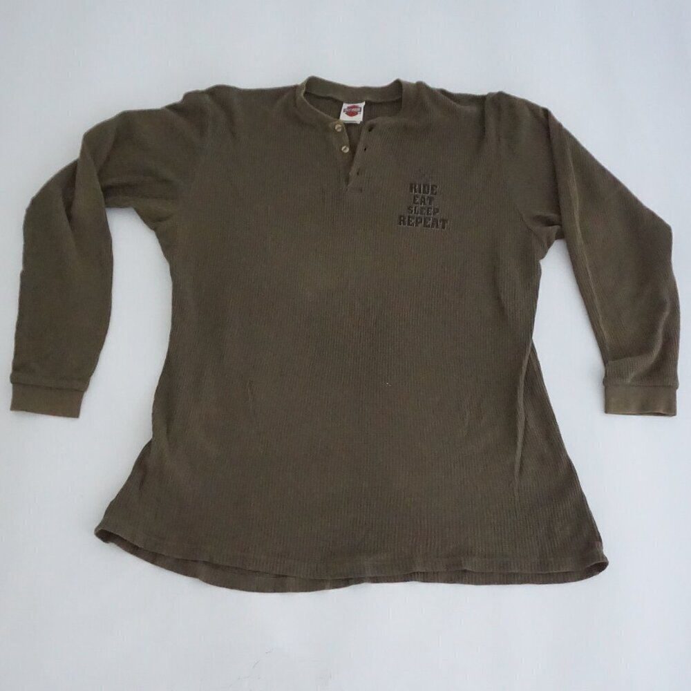 Harley-Davidson Olive Cotton Waffle Thermal Henley Cabincore Rugged XXL Outdoor